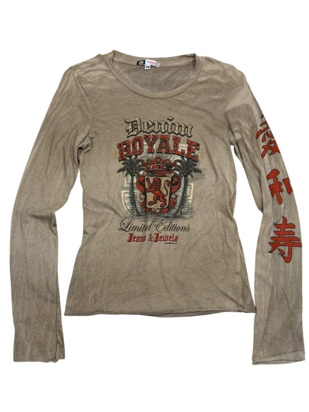 Y2K Denim Royale Long Sleeve Graphic Tee XS Beige Goth Grunge Alternative